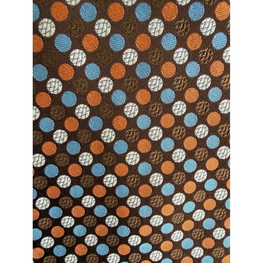 Paul Frederick Men's Brown Polka Dot Silk Tie Blue and Orange Accents